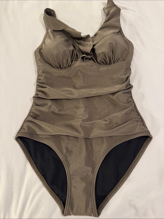 Dkny Other - DKNY Ruched Olive Green One-Piece Swimsuit with Ruffle V-Neck